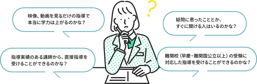映像、動画を見るだけの指導で本当に学力は上がるのかな　疑問に思ったこととか、すぐに聞ける人はいるのかな？　指導実績のある講師から、直接指導を受けることができるのかな？　難関校（早慶・難関国公立以上）の受験に対応した指導を受けることができるのかな？
